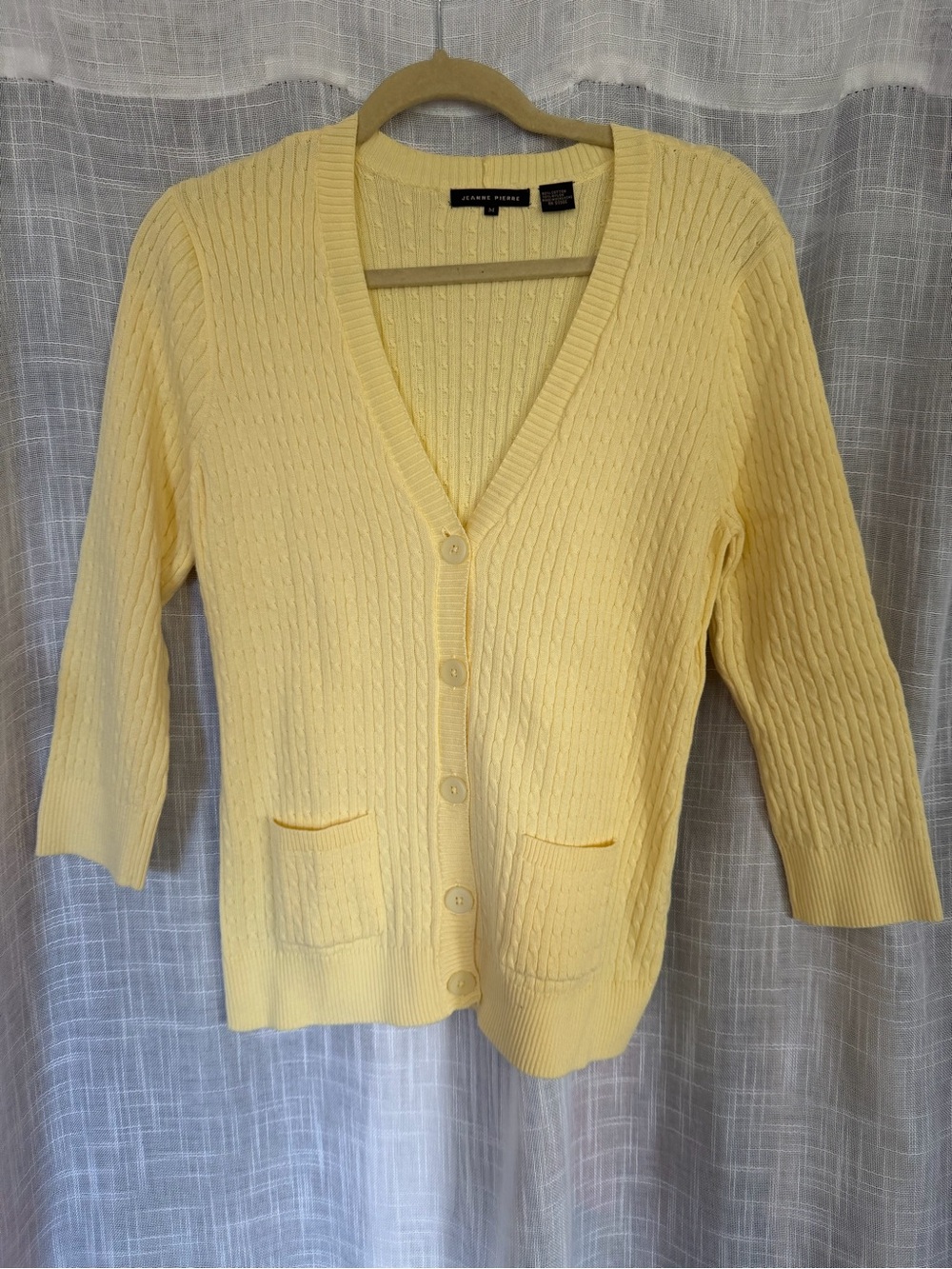 Jeanne PierreYellow Cable-Knit V-Neck Button Cardigan Sweater
